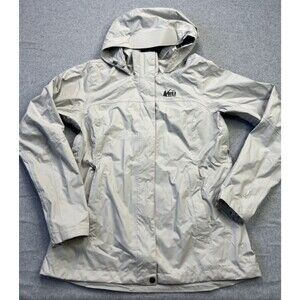 REI Co-op Womens Rainier Rain Jacket Medium Gray Hooded Peak 2.5 L Pit Zips